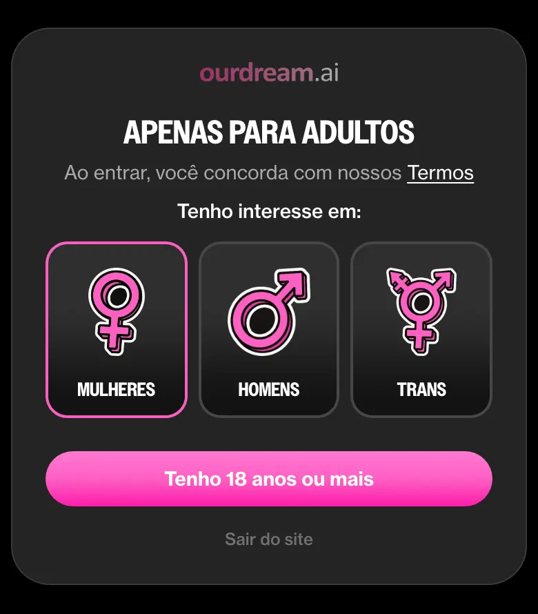 Tela Apenas para adultos do ourdream.ai: escolha entre Mulheres, Homens ou Trans e botão Tenho 18 anos ou mais